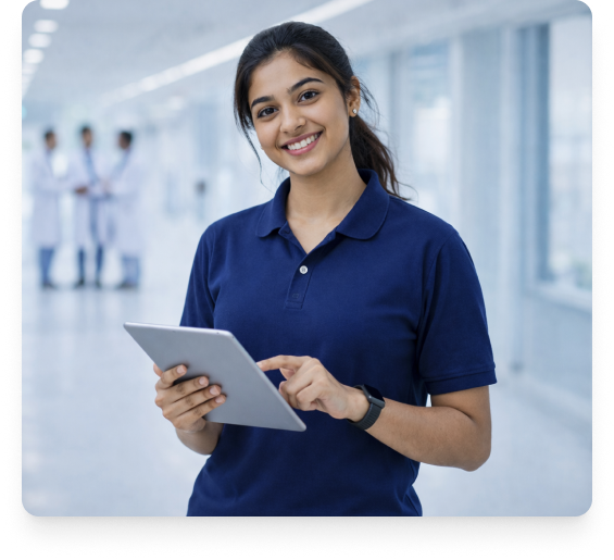 Student with tablet in hospital corridor